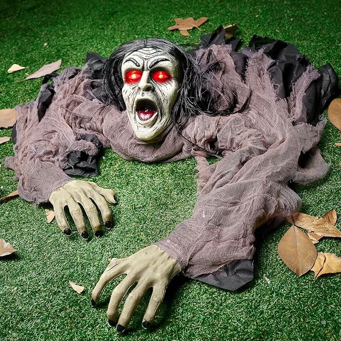 JOYIN Halloween Zombie Decorations Outdoor, Halloween Groundbreaker Outside Decor, Hanging Zombie Prop with Green Face and Lighted Eyes for Graveyard, Haunted House, Lawn, Yard, Indoor Decor