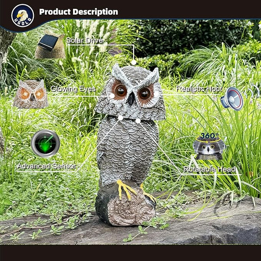 Solar Powered Garden Owl with Motion Detection, Rotating Head, Realistic Hoots and Silent Mode, Outdoor Statue and Sculpture, Owl Decoration for Home, Garden, Patio and Lawn
