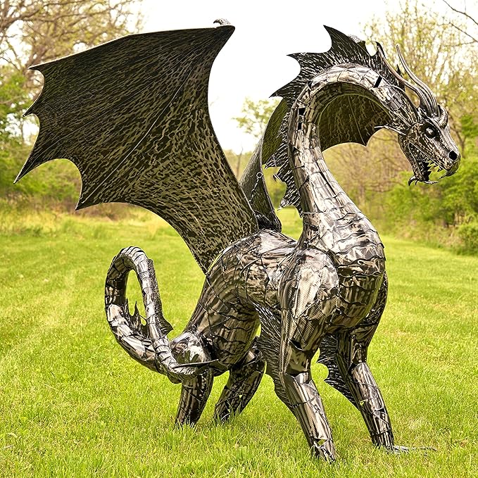 Zaer Ltd. Large Metal Dragon Statue, 89" L x 79" W x 73" H, Powder Coated (Metallic Silver)