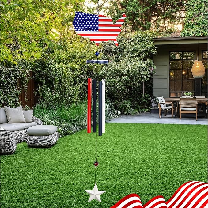 CoTa Global USA Map Flag Wind Chime - Handmade Metal Hanging Decor, Patriotic United States Ornament with Red Blue Tubes, Indoor Outdoor Porch Patio Yard Decoration - 33 Inches