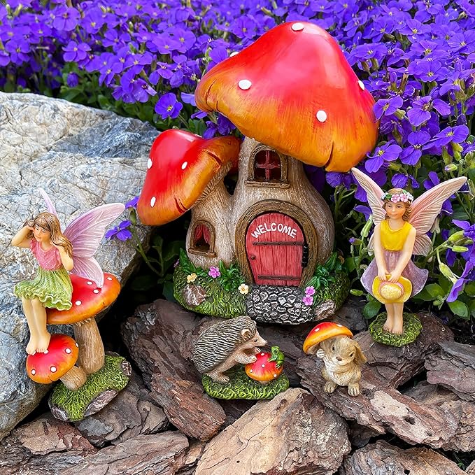 Mood Lab Fairy Garden Figurines - Mushroom House Set (6 pcs) - Miniature Decorative Statues & Accessories - Outdoor & Indoor Garden Decor