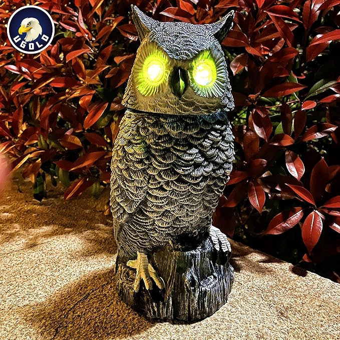 Solar Powered Snow Owl with Glowing Eyes, Rotatable Head, Realistic Hoots, Detection and Silent Mode, Garden Sculpture, Decoration for Home, Garden, Patio and Lawn