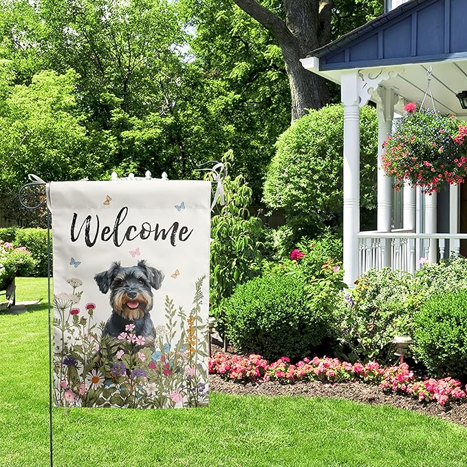 Spring Summer Garden Flag Floral Schnauzer Yard Flag Flower Dog Garden Flags for Outside Small Outdoor Welcome Flags 12x18 Double Sided