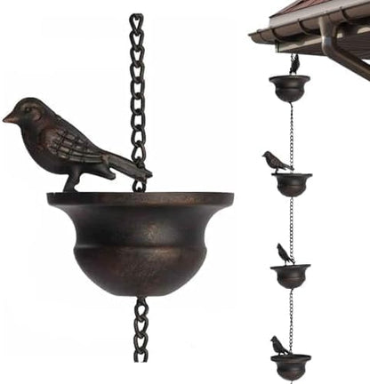 Rain Chain Home Decor, Outdoor 3.54 FT Rain Catcher Chain for Gutter Downspouts Divert for Roof Porch Lawn Gazebos Garden Drainage Eaves Decor (Pinecone) (Bird)