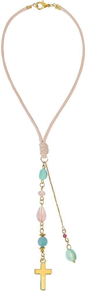 Cross Hanging Car Mirror Ornament Amazonite and Crystal Bead Charm Suncatcher Car Mirror Pendant Accessories Good Luck Keychain for Bag Window Cars Door Garden Balcony Home Decoration