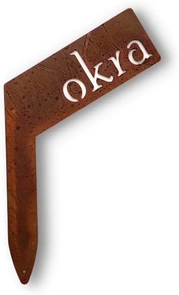 Planter Size Small Metal Garden Plant Vegetable Flower or Herb Markers 13.5 Inches Tall (okra, Naturally Rusted)