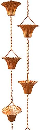 Esschert Design Fluted Rain Chains, Copper Colored Metal Decorative Downspout Alternative, Pack of 2, 98” H Each, Scalloped Fluted Cups with Hanging Hooks Included