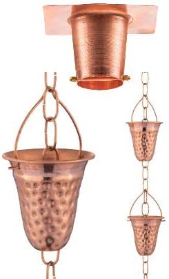 Copper Rain Chain w/Gutter Adapter – Decorative Chimes & Cups Replace Gutter Downspout & Divert Water Away from Home for Stunning Fountain Display – 6.5’ Long