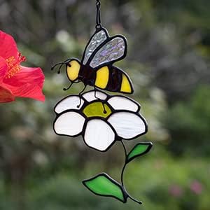 Bee Suncatcher Flower Stained Glass Window Hangings, Bees Decor Party Birthday Bee Gifts for Women,Bee Lovers, Housewarming Gifts.