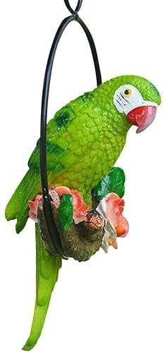 Garden Hanging Parrot Statue Perching On Branch in Metal Round Ring Animal Model Figurine Sculpture Nature Lovers Tropical Bird DIY Lawn Patio Home Sculpture Tree Decor (Green), Natural