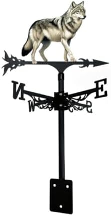 Colorful Rooster Weather Vane Spinner Wind Direction Farm Scene Stake Metal Outdoor Peacock Weathervane Ornament for Garden Yard Decoration (Wolf A)