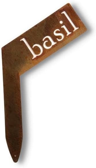 Planter Size Small Metal Garden Plant Vegetable Flower or Herb Markers 13.5 Inches Tall (basil, Naturally Rusted)