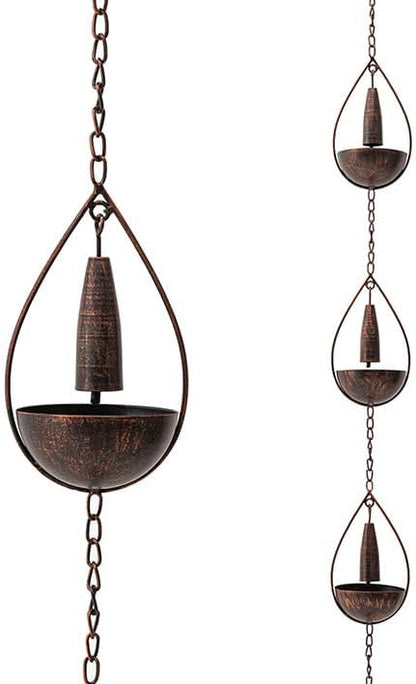 Glitzhome 8.5 FT Rain Chains, Faux Copper Bowl and Bell Rain Chains for Gutters with 10 Cups, Adjustable Rain Catcher Chain with V-Shaped Gutter