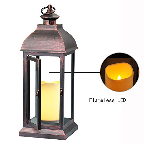 Decorative LED Lantern 15" - Flameless Candle, Bronze Plastic, Timer