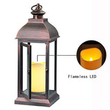 Decorative LED Lantern 15" - Flameless Candle, Bronze Plastic, Timer