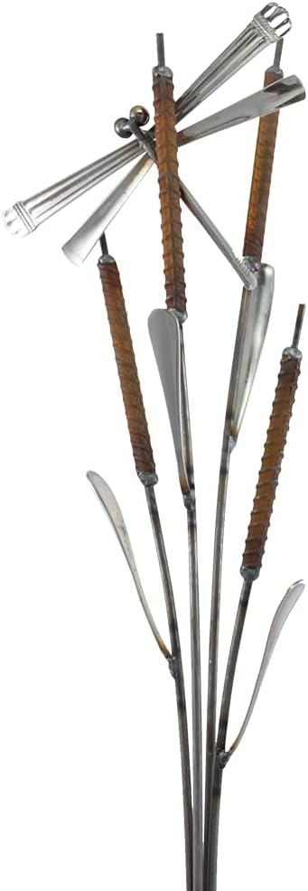 Modern Artisans American Made Rusty Cattails Garden Stake and Upcycled Flatware Sculpture with Dragonfly, 34"