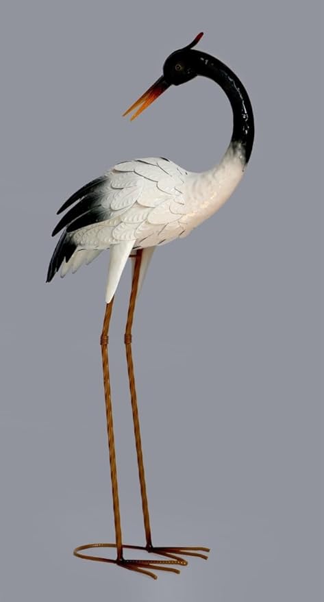 AI-GG9517-Q12 Standing Heron Looking Backwards Metal Garden Sculpture Black & White - Set of 12