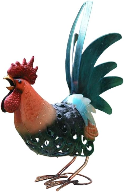 16.5" Whimsical Metal Rooster Garden Statue, Handmade Morning Crowing Rooster Sculpture with Green Tail Feathers, Rust-Resistant Iron Art for Yard, Farmhouse, Kitchen & Outdoor Decor
