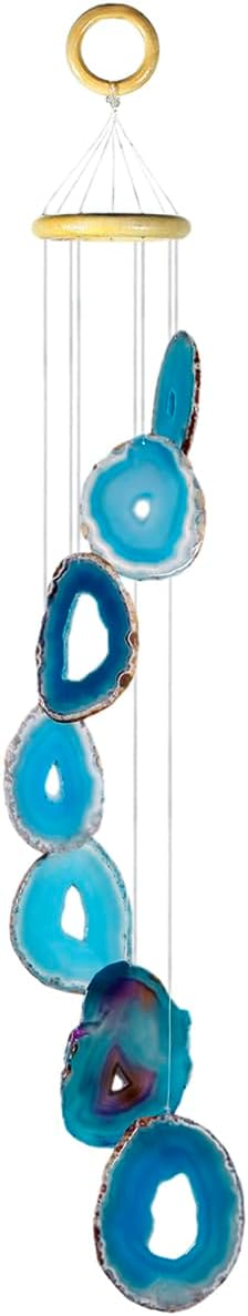 Nupuyai Wind Chimes - Unique Agate Slices Geode Stone Wind Chimes Indoor Outdoor, Healing Stone Windchime Hanging Ornament for Home Garden, 27.6-33.5'', Blue Agate