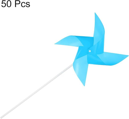 HARFINGTON 50pcs Windmills for The Yard Garden 15" x 7.5" 4 Leaves Pinwheels Wind Mills Spinners Windproof Waterproof Bird Devices with Stakes for Patio Decor, Light Blue
