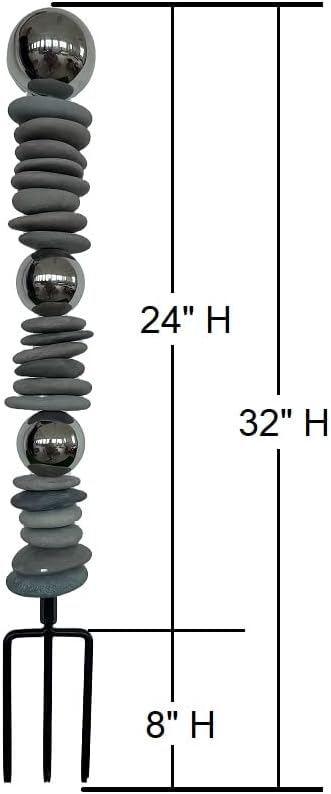 Zen Garden Ourdoor Decor - 32" Rock & Stainless Steel Sphere Sculpture Stake, Modern Yard Art for Landscape, Patio, or Pathway