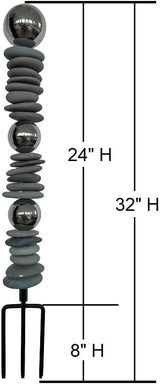 Zen Garden Ourdoor Decor - 32" Rock & Stainless Steel Sphere Sculpture Stake, Modern Yard Art for Landscape, Patio, or Pathway