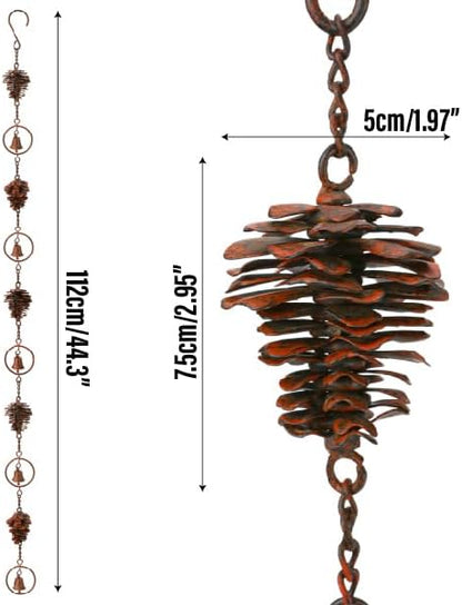 3.6 Feet Pinecone Rain Chains Gutters, Pinecone Shaped Iron Metal Downpipe Outside Catcher, Decorative Pine Cones and Bells Adjustable Hanging Rainchain for Indoor & Outdoor for Garden Decoration