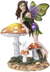 Pacific Giftware Mushroom Butterfly Fairy in Green Natural Dress with Bunny Companion Statue 6” Tall