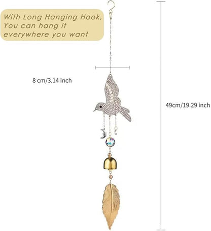 Hummingbird Rhinestones Hanging Bell for Window Decor - Wind Chime with Suncatcher for Patio Hallway Indoor Home Decor - Fengshui Hanging Bell Chimes for Good Luck