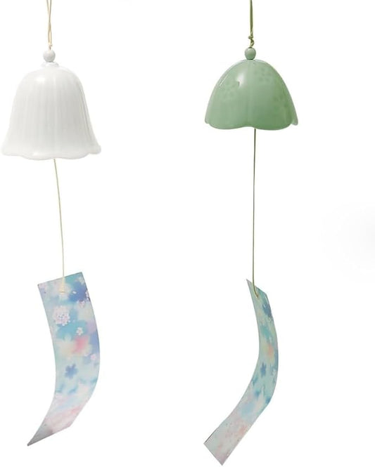 Set of 2 Ceramic Small Japanese Wind Chimes Outdoor, Cute Handmade Pendants Wind Bells/Wind Chimes for Outside with Soothing Melodic Tones for Garden Patio Balcony Home Décor Green&White