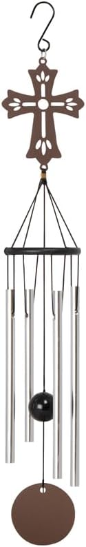 The Bridge Collection Cross Wind Chime with Cutout Metal Design - Religious Garden Decoration with Silver Chime Tubes - Spiritual Outdoor Accent with Religious Theme