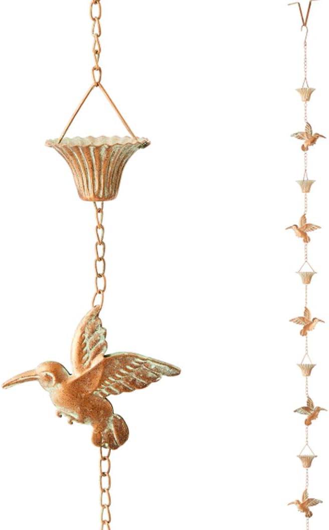 Glitzhome 8.5 FT Bird and Cup Rain Chains, Faux Copper Patina Finish Rain Chains for Gutters, Adjustable Rain Catcher Chain with V-Shaped Gutter
