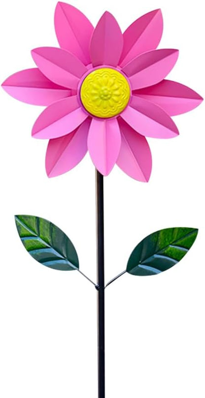 Metal Sunflower Wind Spinner,45 in Double Layer Sun Flower Windmill with Green Leaves and Stake,360° Rotating Sunflower Decor Wind Pinwheel Sculpture for Garden Yard Patio Lawn Decor (Pink)