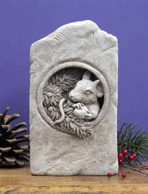 Carruth Studio, Berry Mouse Wall Plaque Garden Statue Figurine, Original Sculpture Handcrafted in Stone, Artisan Made