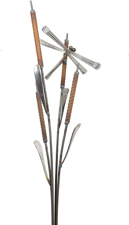 Modern Artisans American Made Rusty Cattails Garden Stake and Upcycled Flatware Sculpture with Dragonfly, 34"