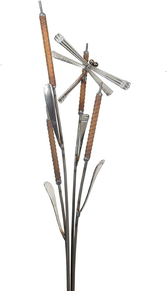 Modern Artisans American Made Rusty Cattails Garden Stake and Upcycled Flatware Sculpture with Dragonfly, 34"
