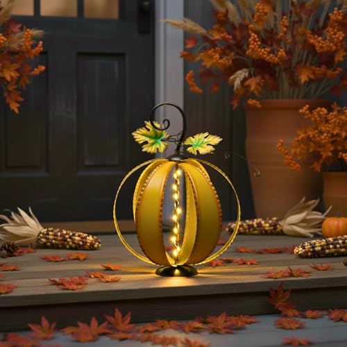 Large Orange Pumpkins with Light - Metal Fall Decor (Pack of 2)