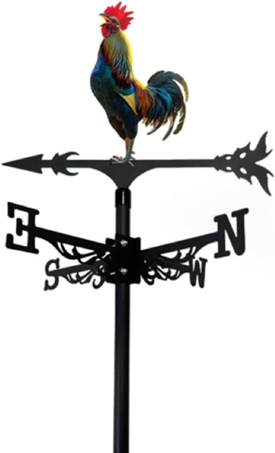 Colorful Rooster Weather Vane Spinner Wind Direction Farm Scene Stake Metal Outdoor Peacock Weathervane Ornament for Garden Yard Decoration (Rooster D)