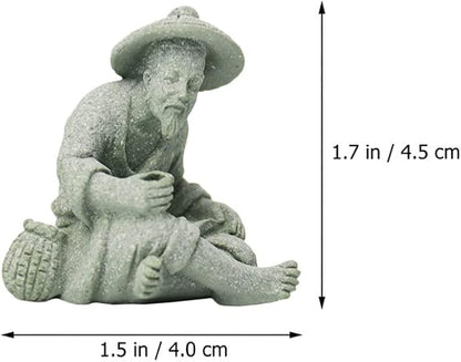 DOITOOL 2Pcs Mini Fisherman Figurines, Chinese Sitting Fishing Garden Statue, Sandstone Bonsai Fisherman Figurines for Micro Landscape Pot Aquarium Fairy Garden Decorations