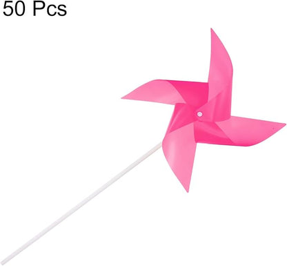 HARFINGTON 50pcs Windmills for The Yard Garden 15" x 7.5" 4 Leaves Pinwheels Wind Mills Spinners Windproof Waterproof Bird Devices with Stakes for Patio Decor, Pink