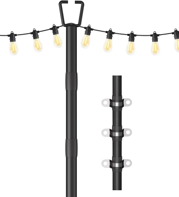 10FT String Light Poles for Outdoor Decor, Sturdy Light Pole with Fence Brackets, Adjustable Metal Posts for Outside Patio, Backyard, Deck, Garden, Party, Wedding