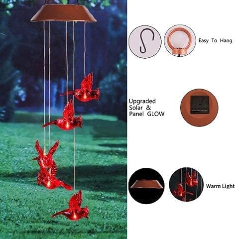 Solar Cardinal Red Bird Wind Chime, Solar-Powered Mobile Hanging Patio Lights with 6 Vivid Hummingbirds，Multi-Color Changing LED Garden Decoration for Home Party Night Garden Decoration