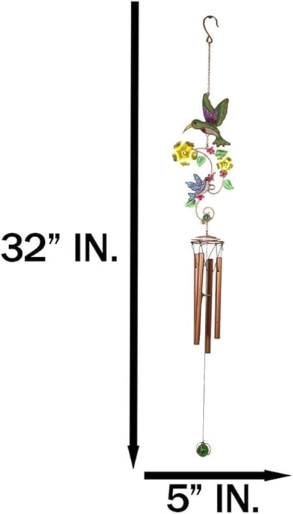 Ebros Gift Birds of Nature Hummingbird Hovering Nectar Flowers Art Glass Gemstones and Metal Resonant Wind Chime 32" High Copper Rods Hanging Mobile Home Patio Garden Decor