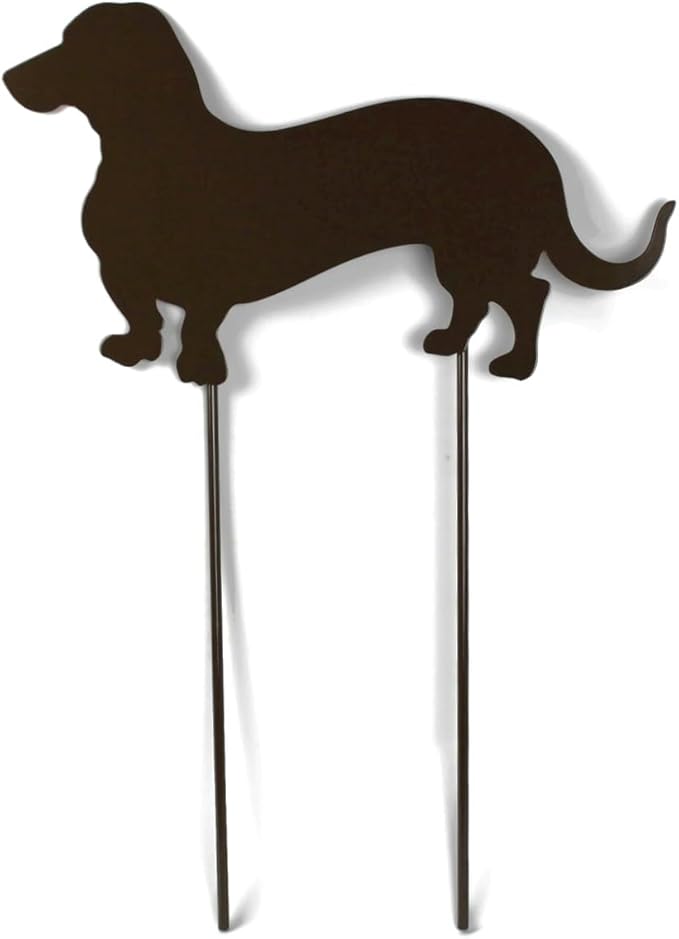 Pets and Farm Animals Metal Garden Landscape Stake (15" Wide Wiener Dog on Two Short Stakes, Gloss Brown)