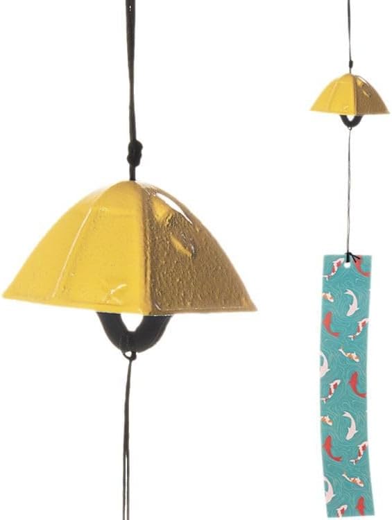 Japanese Tent Shape Lucky Traditional Wind Chimes for Outside, Iwachu Cast Iron Bless Temple Wind Bell Memorial and Sympathy Small Wind Chimes for Good Luck Garden Bell, Patio, Balcony（Yellow）