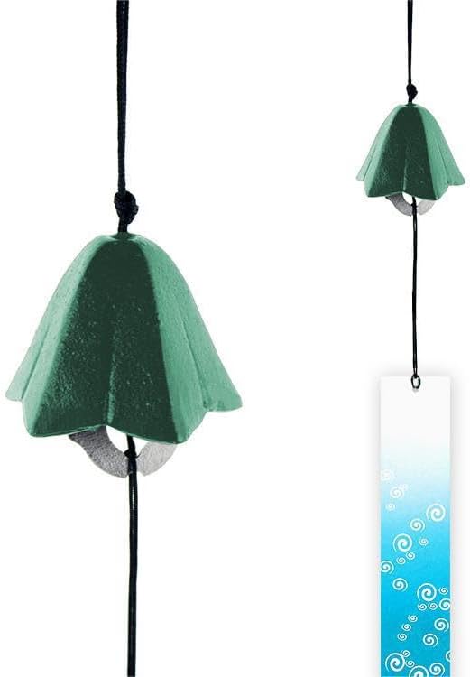 Japanese Lucky Traditional Wind Chimes for Outside, Iwachu Cast Iron Bless Temple Wind Bell Memorial and Sympathy Small Wind Chimes for Good Luck Garden Bell, Patio, Balcony (Green)