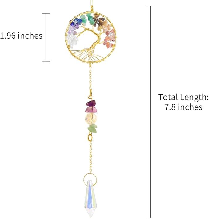 Handmade 7 Chakra Tree of Life Crystal Suncatcher, Sun Catcher Hanging for Car, Windows, Spiritual, Rainbow Maker, Butterfly Indoor Garden Home Decor