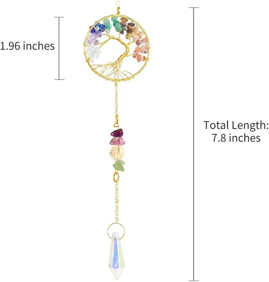 Handmade 7 Chakra Tree of Life Crystal Suncatcher, Sun Catcher Hanging for Car, Windows, Spiritual, Rainbow Maker, Butterfly Indoor Garden Home Decor