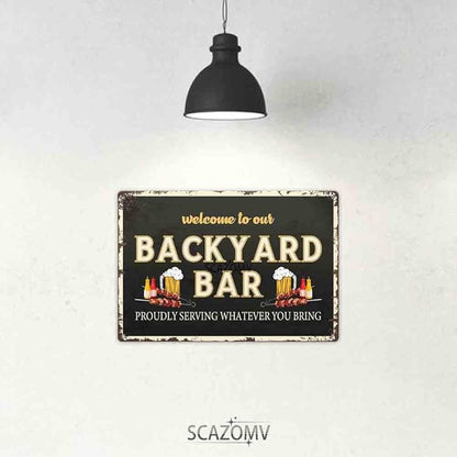 SCAZOMV Welcome To Our Backyard Bar & Grill Metal Sign Outdoor Pool Backyard Bar Signs 12"X8" Tin Sign