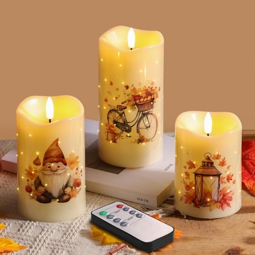 Fall Fiber Optic Flameless Pillar Candles - Set of 3 with Remote